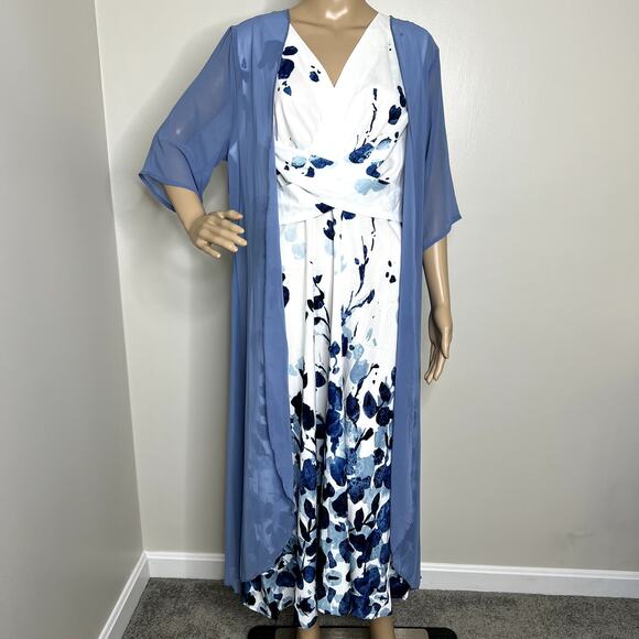 Two Piece Blue Floral Midi Dress With Cover Up Shawl - Picture 1 of 10